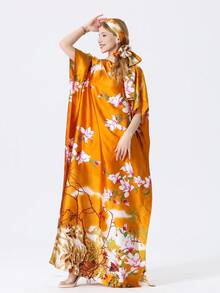 1件女款花卉印花絲綢感披肩連小圍巾套裝，外穿裝飾海灘罩衫，防曬防風抗UV，日常穿搭 - 彩色 - 查看 1