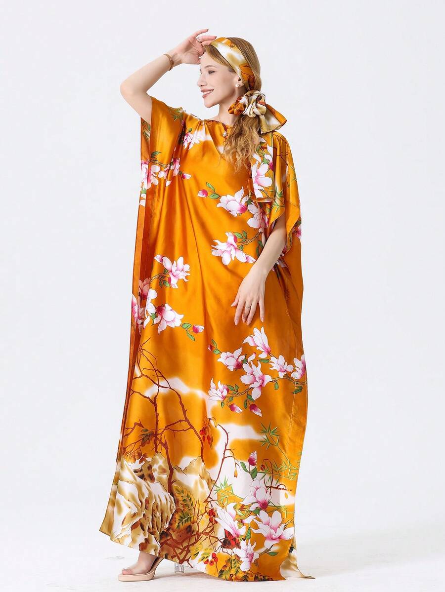 1件女款花卉印花絲綢感披肩連小圍巾套裝,外穿裝飾海灘罩衫,防曬防風抗UV,日常穿搭 - 彩色 - 查看 1