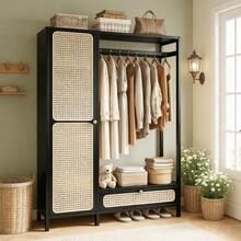 STAR BURN Bamboo Wardrobe, Bedroom Wardrobes, Freestanding Clothes Rack With Hanging Rail And Drawers, 4 Compartments, Magnetic Doors, Bamboo Hallway Wardrobe, 102*33*160 Cm (Black) - 多色 - 查看 1