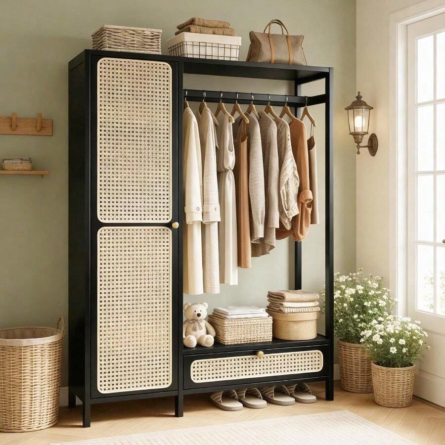STAR BURN Bamboo Wardrobe, Bedroom Wardrobes, Freestanding Clothes Rack With Hanging Rail And Drawers, 4 Compartments, Magnetic Doors, Bamboo Hallway Wardrobe, 102*33*160 Cm (Black) - 多色 - 查看 1