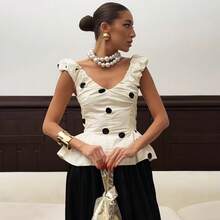 Backless Polka Dot Tank Top, Summer Fashion, Fitted, Deep V-Neck, Casual Style, Ruffled, Sleeveless, Personality And Urban Style. - 杏色 - 查看 3