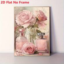 1 peça de tela sem moldura 2D plana, pintura artística de rosa cor-de-rosa e frasco de perfume, decoração de parede em tela, adequada para casa, escritório, sala de estar, quarto e café - presente perfeito para Halloween, Natal, estética vintage - C - Ver 5