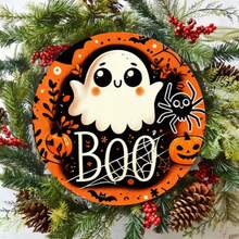 2D Flat Ghost Print Round Wooden Decorative Hanging Sign, Waterproof Durable Halloween Party Scene Decoration, Suitable For Wreath, Wall, Garden, Store, Multi-Holiday Decor - Orange - View 4