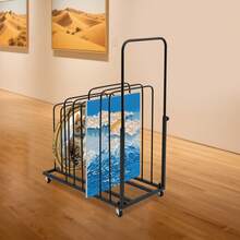 RibasuBB Art Canvas Storage Rack Rolling Organizer For Studio Black Iron 9-Slot Floor Standing 4 Wheels With Brakes Adjustable Handle 40-100cm 80x45cm - A - View 5