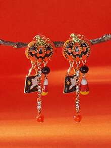 1 Pair Halloween Rainbow Magic Ghost Pumpkin Acrylic Earrings, Quirky Fashion High-End Ear Pendants, European And American Creative Pumpkin Head Ghost Pendant, Asymmetrical Design Stud Earrings For Women - Multicolor - View 5