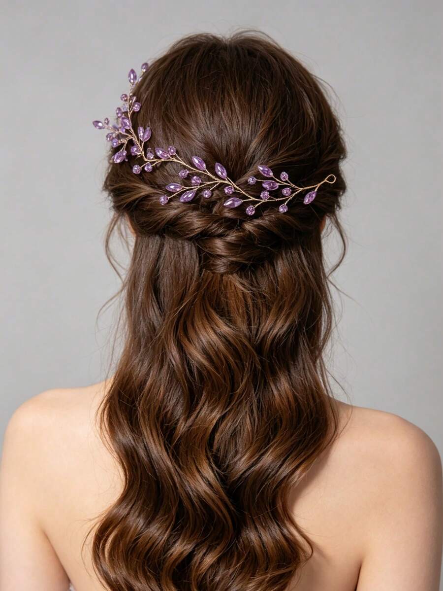 1pc Purple Leaf With Faux Pearl Headband Suitable For Wedding Occasions - Purple - View 1