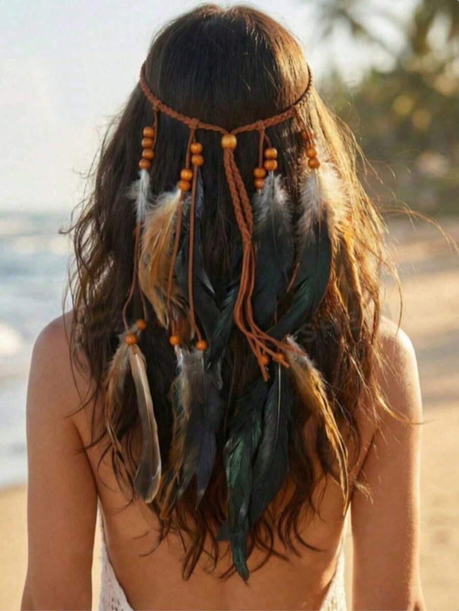 1pc Bohemian Style Long Feather Hair Chain, Women's Beach Vacation, Party, Music Festival Hair Accessory Jewelry Feather Headband - 127 - View 1