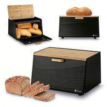 Steel Bread Container With A Bamboo Lid Height ~ 21 Cm Base Depth ~ 21.5 Cm Overall Width ~ 35.5 Cm - View 3