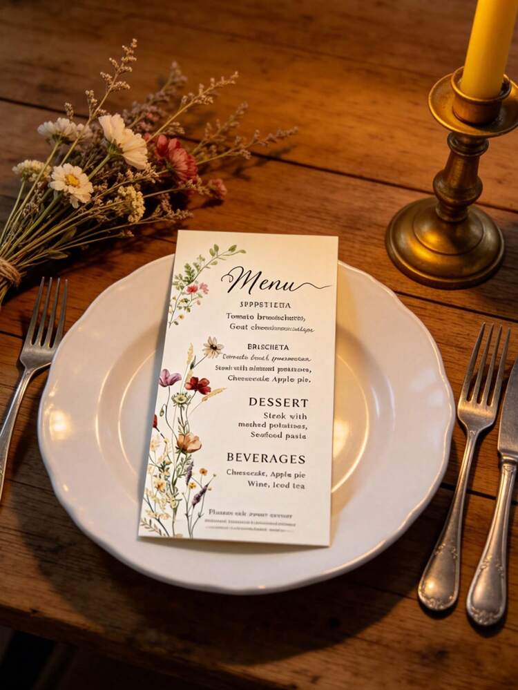 Customized 1pc/24pcs/48pcs Personalized Wedding Menu Cards, Custom Wedding Dinner Menu, Elegant Minimalist Floral Design, Wedding Table Decor, Customizable Event Menu Cards, Personalized Cards, Suitable For Wedding Banquet, Wedding Party, Minimalist Style Wedding Table Decor - 8x18CM Menu Card - View 5