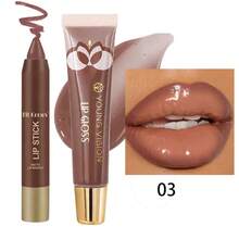 1pc Matte Chocolate Lipstick & 1pc Brown Lip Gloss Combo, Moisturizing Lip Makeup Set For Work, Travel, Party - Multicolor - View 4