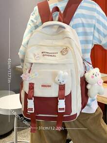 Letter Graphic Classic Backpack With Cartoon Charm Preppy Badge Decor For School - Red - View 2