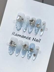 10 Pcs Premium Gray-Blue Glitter Cat Eye Gradient Pearl Rhinestone Fake Nails. Cool Cat Eye Long Pointed Oval Detachable Fake Nails Suitable For Spring And Summer Daily Wear. Suitable As A Gift For Ladies And Girls. Comes With A Storage Box. - Dusty Blue - View 2