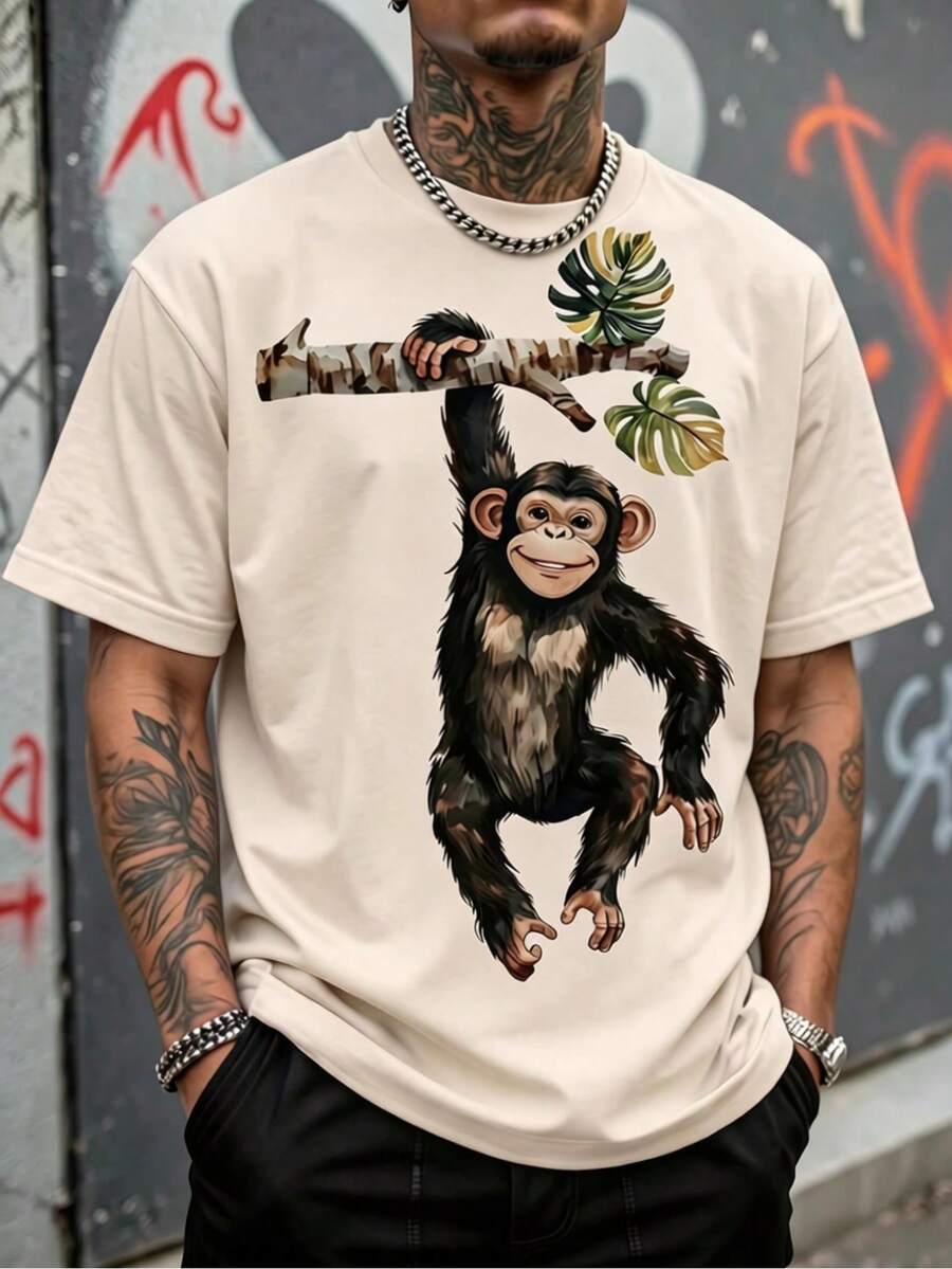 Men's Loose Fit T-Shirt, Smiling Black Chimpanzee Hanging With One Hand From A Birch Branch, Short Sleeve Summer Jungle Style Casual Streetwear T-Shirt. - 杏色 - 查看 1