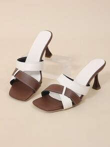1 Pair Plus Size Women's High Heel Slide Sandals, White & Brown Cross ...