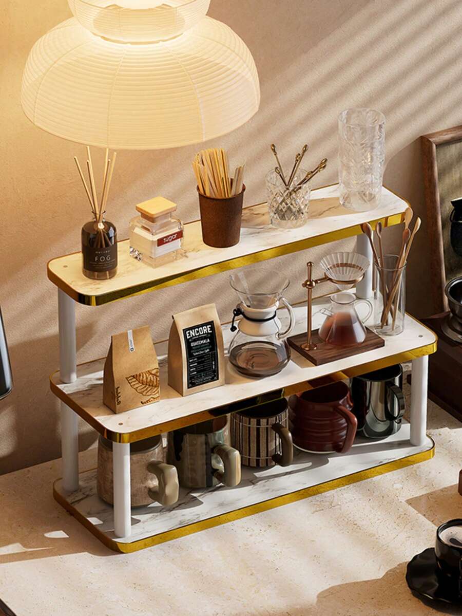 1 pieza Organizador de escritorio de madera maciza dorada de lujo, estante de almacenamiento de cosméticos vintage de varias capas, estante de almacenamiento multifuncional para el hogar, estante de especias de cocina, soporte para tazas de café, puede contener lápices labiales, perfumes y tazas de té, estante de exhibición de encimera ahorrador de espacio