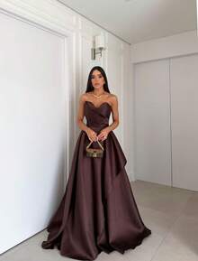 Elegant, Conservative Strapless Princess Dress For Weddings Or Graduation Parties. - Rust Brown - View 1