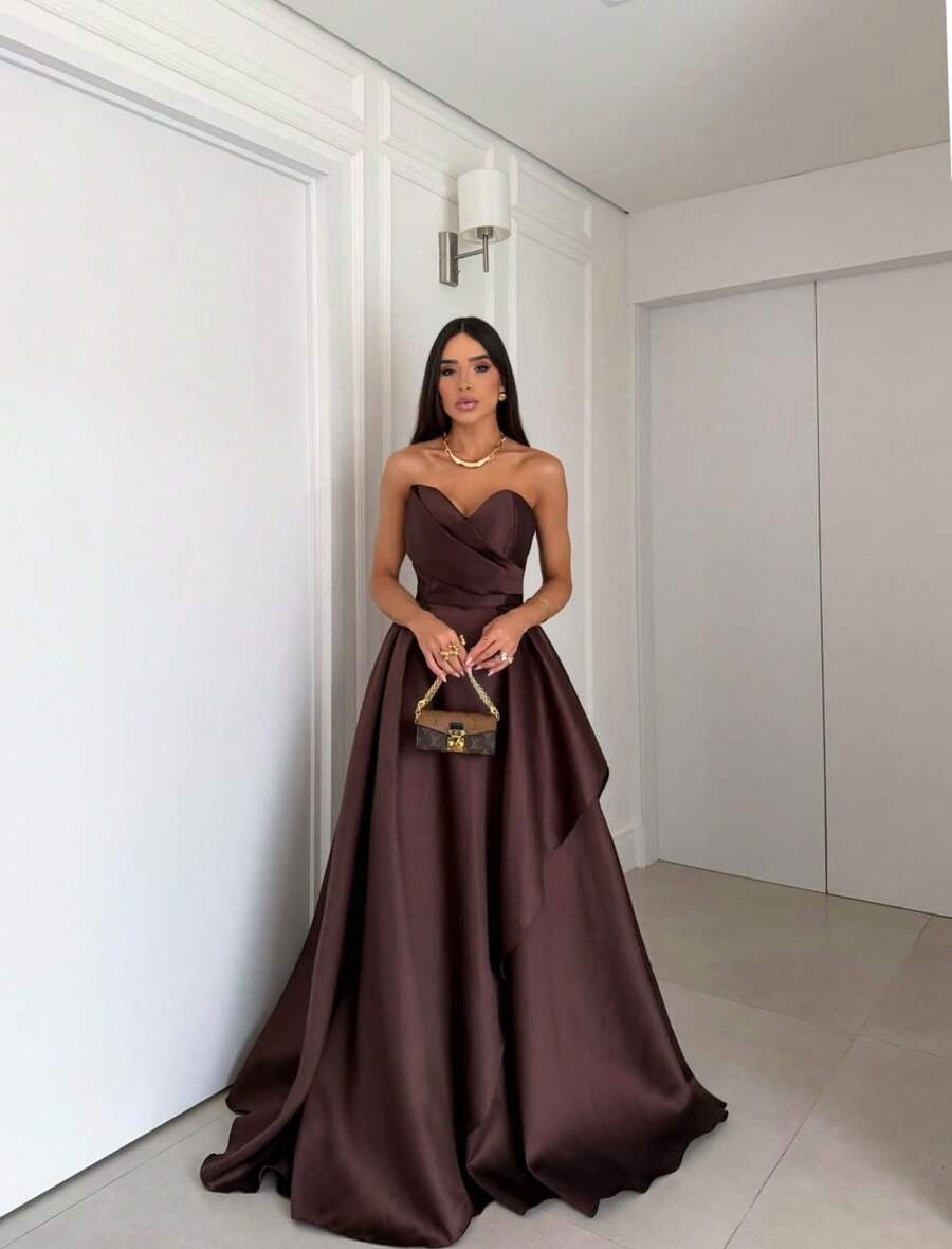 Elegant, Conservative Strapless Princess Dress For Weddings Or Graduation Parties. - Rust Brown - View 1