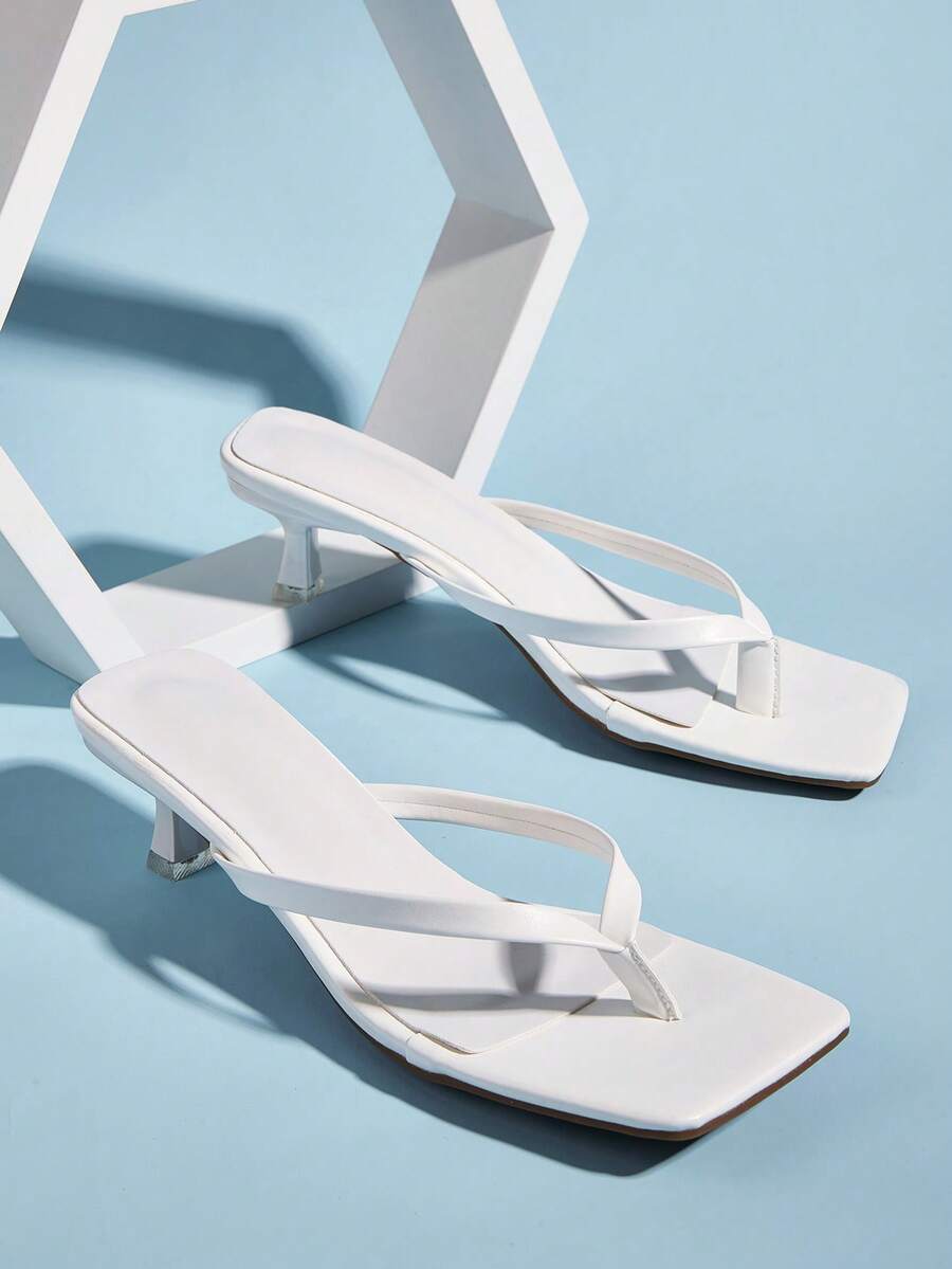 Women's 2025 Fashion Versatile Comfortable Thong High Heel Sandals With Solid Color Stone Texture (Random Stone Texture Cut) - White - View 1