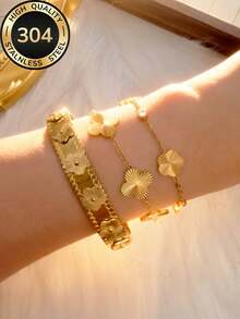 304 Stainless Steel Fashionable Stackable Summer Women's Jewelry Set, Gold Floral Clover Bracelet, Laser Embossed Flower Bracelet, Light-Shadow Embossed Clover CZ Pendant Bracelet, Daily Wear & Party Outfit, Waterproof & Non-Fading, Christmas Gift - Gold - View 4