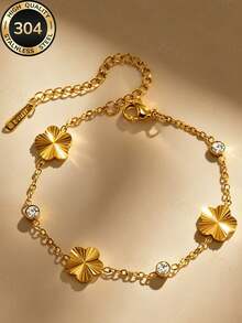 304 Stainless Steel Fashionable Stackable Summer Women's Jewelry Set, Gold Floral Clover Bracelet, Laser Embossed Flower Bracelet, Light-Shadow Embossed Clover CZ Pendant Bracelet, Daily Wear & Party Outfit, Waterproof & Non-Fading, Christmas Gift - Gold - View 8