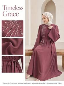 Wine Red Rhinestone Belt Muslim Long Sleeve Full Skirt Dress - Lotus Root Starch - View 5