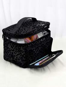 Black Minimalist Fashion Mesh Leopard Print Large Capacity Multi-Function Single Layer Square Cosmetic Bag, Single Handle Multi-Pocket Convenient Design, Foldable Storage Bag, Partitioned Storage - Black - View 4