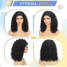 Curly Headband Wigs For Women,Headband Wig Deep Curly Wave Half Wigs Synthetic Glueless Short Natural Black Wig - Black# - 查看 5