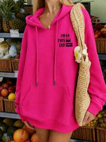 Y2K Street Pattern Print Women's Drop Shoulder Pullover Sweatshirt, Pocket Casual Pullover Sweatshirt Print Sweatshirt Women's New Regular Autumn/Winter Fashion Casual Loose Solid Color Print Long Sleeve Sweatshirt, Pullover Pullover Sweatshirt, Daily Wear, Eid Al-Adha, Commuting, Gift, Outdoor Sports Clothing - Hot Pink - View 8