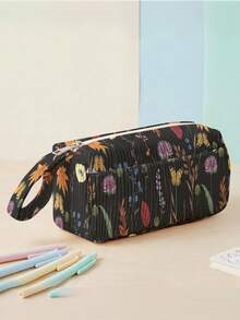 1pc Dark Floral Print Corduroy Foldable Pencil Case With Side Pocket And Handle, Multi-Purpose School And Travel Essential Storage Bag - Multicolor - View 10