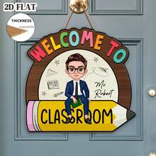 1pc Classroom Welcome Sign - Wooden Hanging Decor With Teacher And Pencil Design, Personalized Classroom Theme, Suitable For School, Office Or Home Decor, Teacher's Classroom Decoration, School Decoration, Education Theme, Handmade Appearance - 1PC - View 3