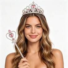 2pcs Pink Heart Rhinestone Crown And Snowflake Magic Wand Set, Princess Style Accessories - Pink - View 2