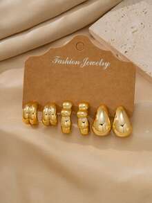 9 Pairs CCB Gold Geometric Earring Set, Hypoallergenic Water Drop Shell Style, Suitable For Daily And Party Outfits - Gold - View 7