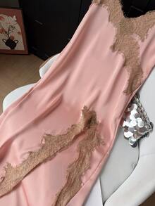 Vestido de tirantes finos con ribete de encaje rosa casual y elegante para mujer GMFP, verano/otoño, uso diario, vacaciones, Halloween, Navidad - Carne - Ver 10