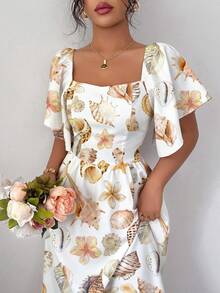 Turtle Leaf, Coconut Tree, Scattered Leaf And Small Flower Plant Silhouette, Square Neck And Short Sleeve Dress With Ruffle Design At The Hem, Summer Vacation Style - Putih - View 10