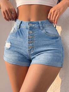Women's Denim Shorts Summer Casual Rolled Hem Cat Whisker Ankle Detail Lightweight Combination - Light Wash - View 2
