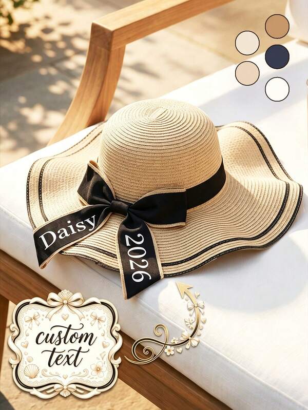 Women's Customized Text Ribbon Bow Wide Brim Straw Sun Hat, Ideal Accessory For Summer Vacation, Pool, Outdoor Travel, Women's Customized Holiday Gift