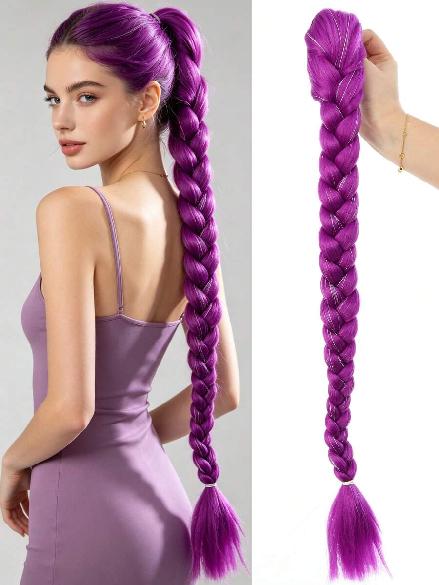 26 Inch Purple Synthetic Fiber Braided Wig, With Convenient BB Clip Ponytail, Suitable For Cosplay, Halloween Costume, World Cup And More - Multicolor - View 1