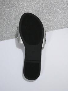 夏季女款銀色亮片閃粉水鑽平底一腳蹬涼鞋，軟底舒適開趾鬆弛感沙灘度假派對休閒百搭拖鞋 - 銀色(銀亮片) - 查看 8