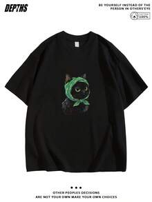 Creative Single T-Shirt With Original Print And Short Sleeves And Round Neck, A Pure And Modern Fashion Top, A Casual T-Shirt For Home And Leisure, Ideal For Wearing Both Indoors And Outdoors - 黑色 - 查看 1