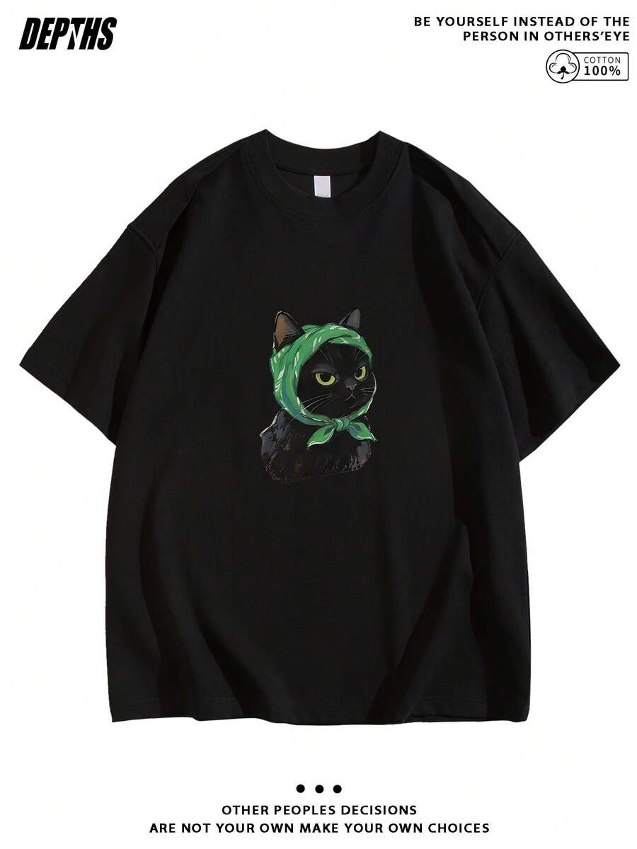 Creative Single T-Shirt With Original Print And Short Sleeves And Round Neck, A Pure And Modern Fashion Top, A Casual T-Shirt For Home And Leisure, Ideal For Wearing Both Indoors And Outdoors - 黑色 - 查看 1