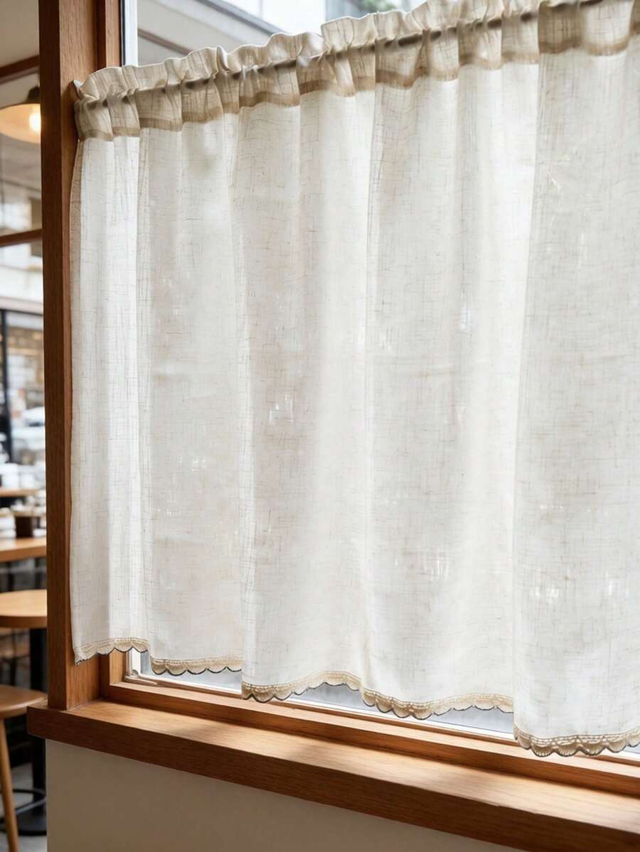 1pc Short Curtain, Window Valance, Door Curtain, Beige Minimalist Japanese Style With Black Lace Trim, Suitable For Home, Kitchen, Children's Room, Window Decor, Door Decor, Christmas Window Matching - Beige - View 1
