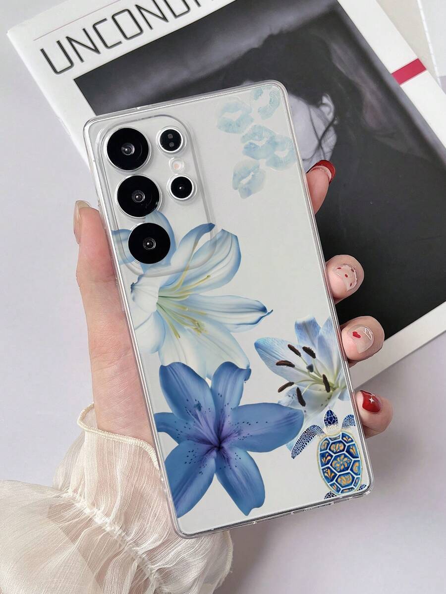 1件透明TPU防震彩繪藍色花卉唇形龜紋手機殼,適用於 Android Galaxy S23 Ultra/A14/A24、Android手機Note12pro/Pixel 8/8 Pro/9 Pro XL - 彩色 - 查看 1