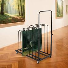 RibasuBB Art Canvas Storage Rack Rolling Organizer For Studio Black Iron 9-Slot Floor Standing 4 Wheels With Brakes Adjustable Handle 40-100cm 80x45cm - A - View 3