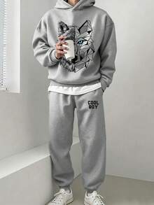 Youth Boy Cartoon Print Warm Hoodie And Sweatpants Set - Grey - View 1