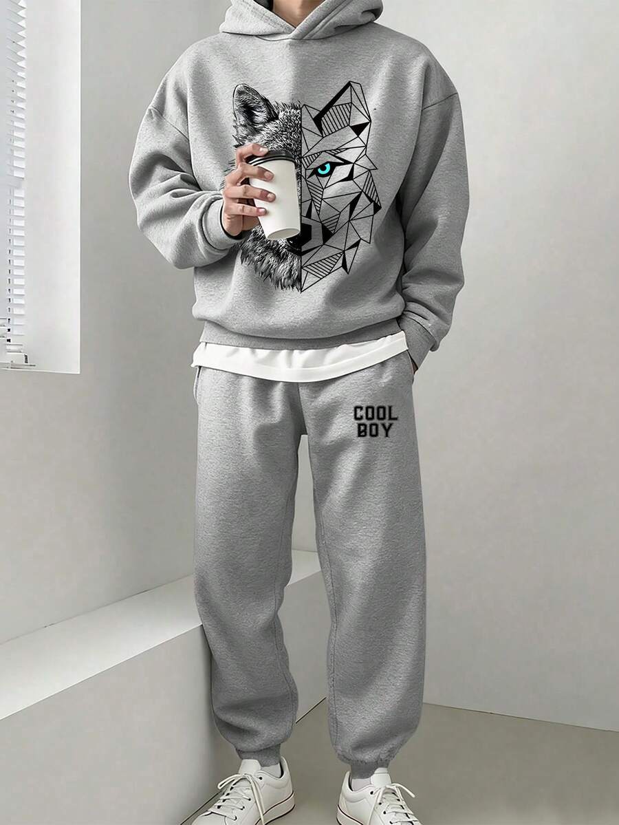Youth Boy Cartoon Print Warm Hoodie And Sweatpants Set - Grey - View 1