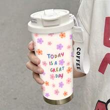1/5pcs 18oz Stainless Steel Coffee Tumbler, Today Is A Great Day Colorful Floral Print Travel Mug, Multi-Function Flip Straw Lid, White COFFEE Lanyard Strap, Ideal Gift For Positive Ladies, Suitable For Picnic Travel Home Office Daily - Today Is a Beautiful Day. - View 5