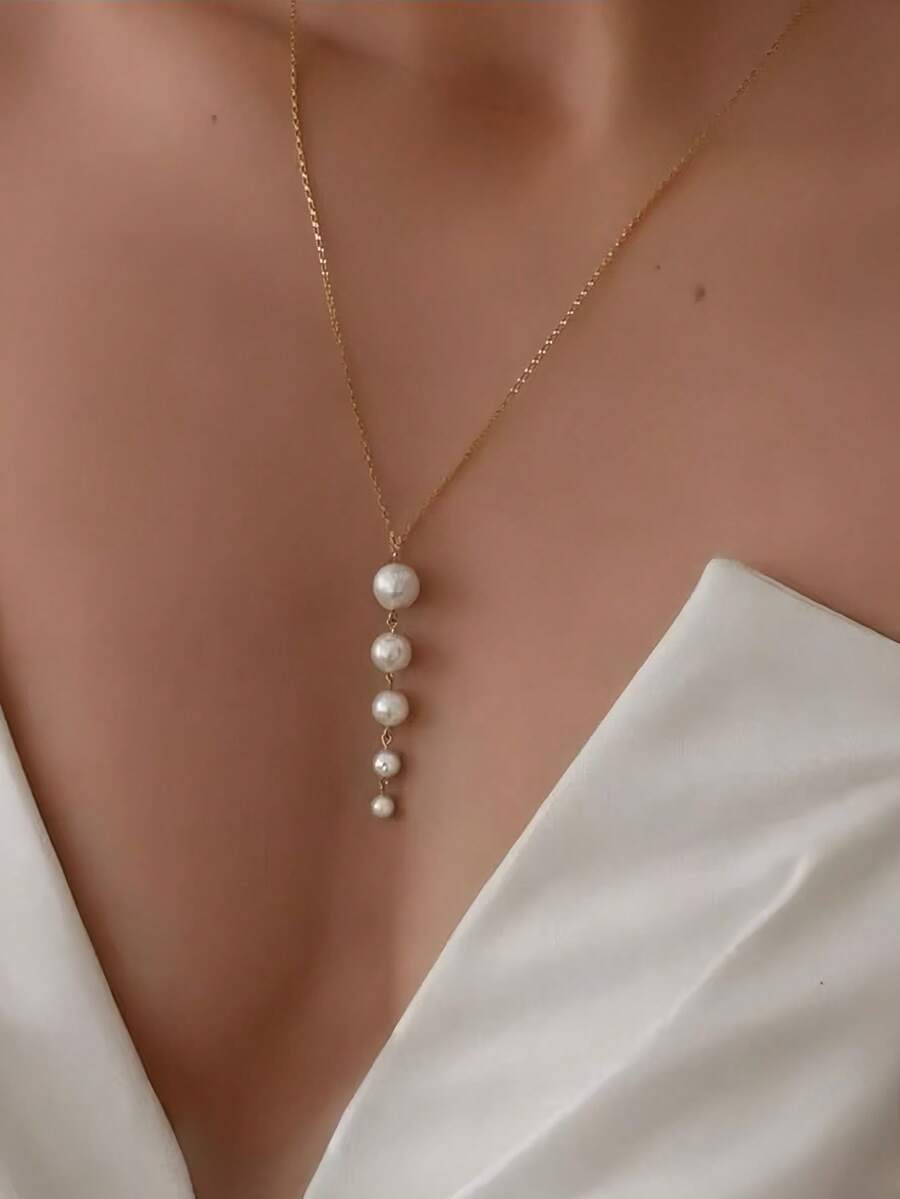 1 buah Kalung Liontin Mutiara Imitasi dari Paduan Logam, Cocok untuk Dipakai di Hari Valentine dan Sebagai Hadiah untuk Teman - Emas - View 1