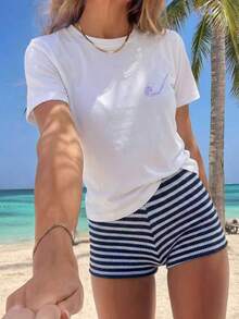 女款夏季彩色比基尼曬衣繩背印寬鬆T恤，海灘度假圖案寬鬆上衣休閒款 - 白色 - 查看 4