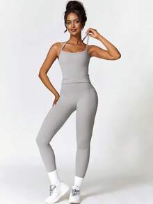 OMEWEE Conjuntos de yoga para mujer,sujetador deportivo con tiras sin espalda y leggings sin costuras, conjuntos deportivos a juego para correr - Gris - Ver 3