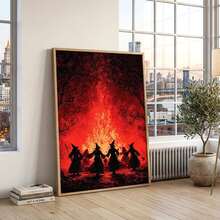 1pc Framed Canvas Wall Art, Vintage Red Fire Witch Gathering, Four Witches Holding Hands In Dark Forest, Gothic Dark Academia Eerie Halloween Witch Atmosphere Wall Decor - Campfire Witch - View 5